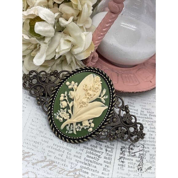 Lily Valley Green Victorian Flower Cameo Wedding Pin Hair Clip Jewelry Comb - Picture 5 of 10